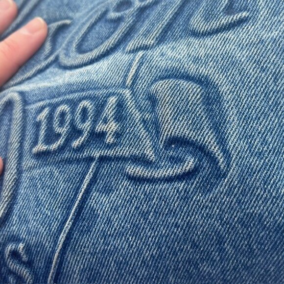 VTG 90s Gibson Guitar Men's Large Embroidered Blue Trucker Denim Jacket USA - Picture 16 of 16